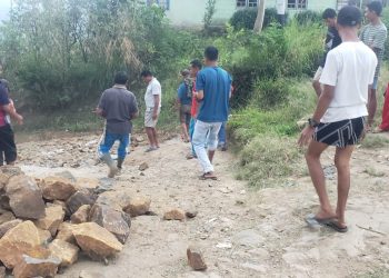 Warga Desa Bangka Arus Gotong Royong Perbaiki Ruas Jalan Kabupaten Yang Rusak Parah